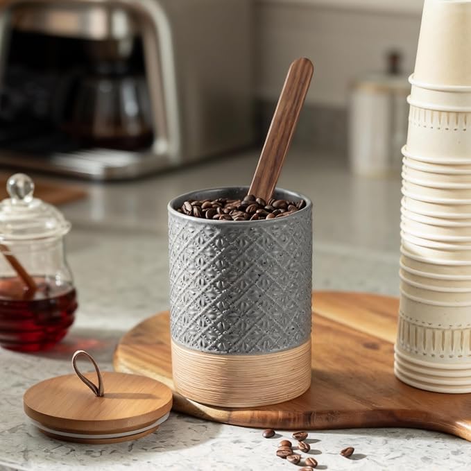 Miamolo Coffee Canisters, Kitchen Jar with Lid for Counter, Gray & 28 fl.oz | Coffee Grounds Container for Countertop | Large for Sugar, Biscuits, Treats | Keeps Fresh, Coffee Bar Decor, Wedding Gift