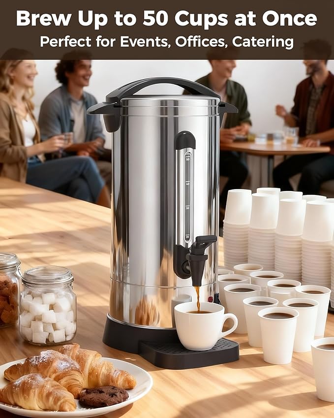 OSTBA 50-Cup Commercial Coffee Urn, 10L 304 Stainless Steel Percolator | 950W Fast-Brewing Coffee Maker and Hot Water Dispenser with Double-Wall Insulation for Home, Office, Catering and Events