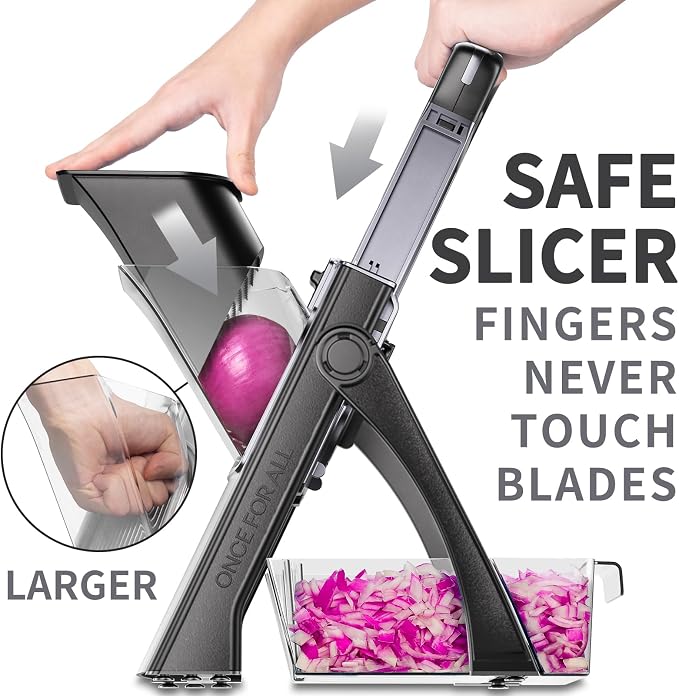 ONCE FOR ALL Safe Mandoline Slicer Plus with Peeler, Bigger Size, Black | 0.1-8mm Adjustable Vegetable Slicer, Potato Slicer Fries Cutter, Detachable Blade, Stainless Steel, Dishwasher-safe, Gift