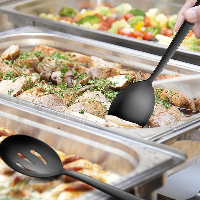 E-far Matte Black Serving Utensils Set of 6, Stainless Steel Serveware Set | 8.7 Inch, Hostess Serving Set Including Metal Slotted Spoons Forks for Party Buffet Catering, Square Edge & Rust Free
