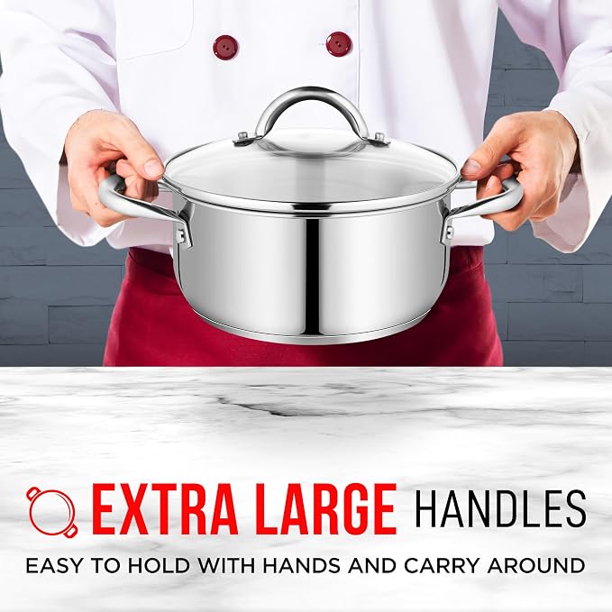 Stainless Steel Stockpot with Tempered Glass Lid 3 Quart,Durable 18/0 Stainless Steel,Impact-Bonded Base for Even Heating,Riveted Handles,Oven&All Stove Compatible,Safe Up To 500°F (260°C) (Pack of 2)