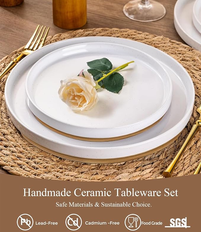 AmorArc Stoneware Dinnerware Sets for 4,12Pcs Plates and Bowls Set | Handmade Ceramic Dish Set,Dishwasher & Microwave Safe,Scratch Resistant-White