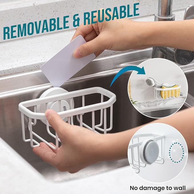 TAILI White Sponge Holder for Kitchen Sink with Strong Suction Cup | Dish Sponge Caddy Inside Sink Removable, Rustproof Aluminum for Sponges, Brushes, Stoppers and Scrapers