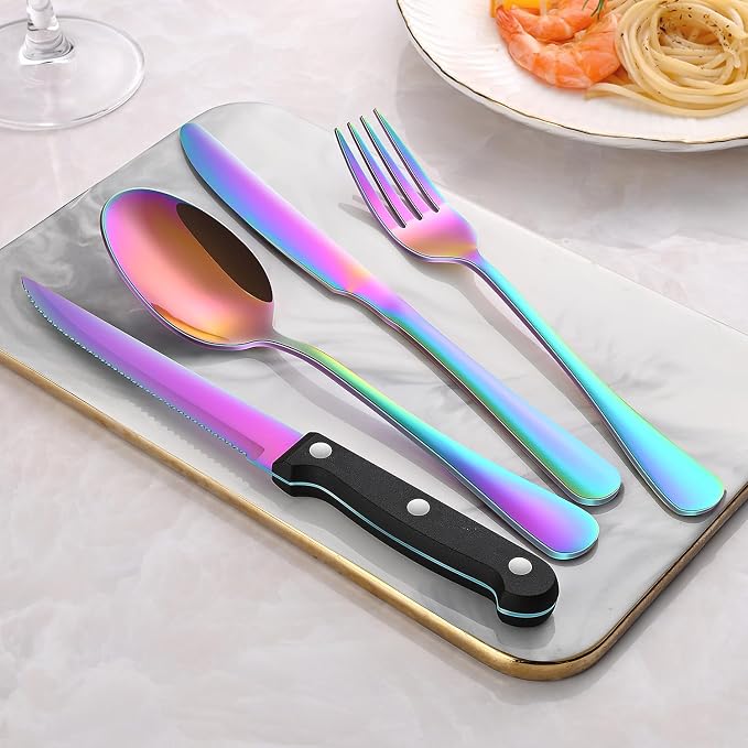 Rainbow 24 Pieces Stainless Steel Silverware Sets With Steak Knives Service For 4,Colorful Eating Utensils Set Includes Knife Spoon Fork For Kitchen Flatware Sets