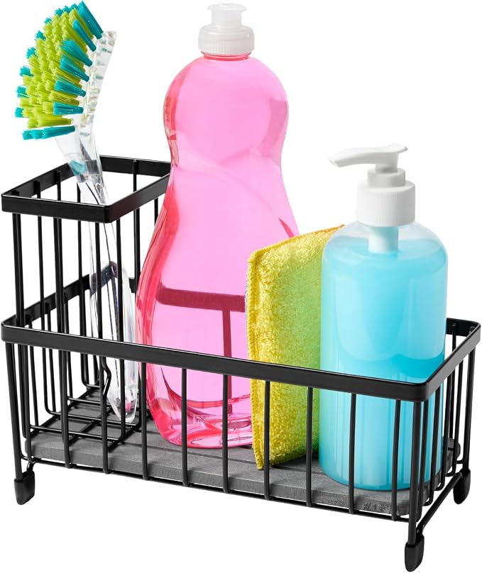 madesmart Drying Stone Sink Caddy with Brush Holder, Black | diatomite tray, fast drying surface open airflow, soap sponge area, cleaning tools, woman owned
