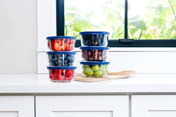 12-Piece Glass Food Storage Containers Set (6 Containers + 6 BPA-Free Lids) | 2-Cup, Leakproof | Microwave, Freezer, Oven & Dishwasher Safe | Ideal for Meal Prep & Pantry Organization, Blue