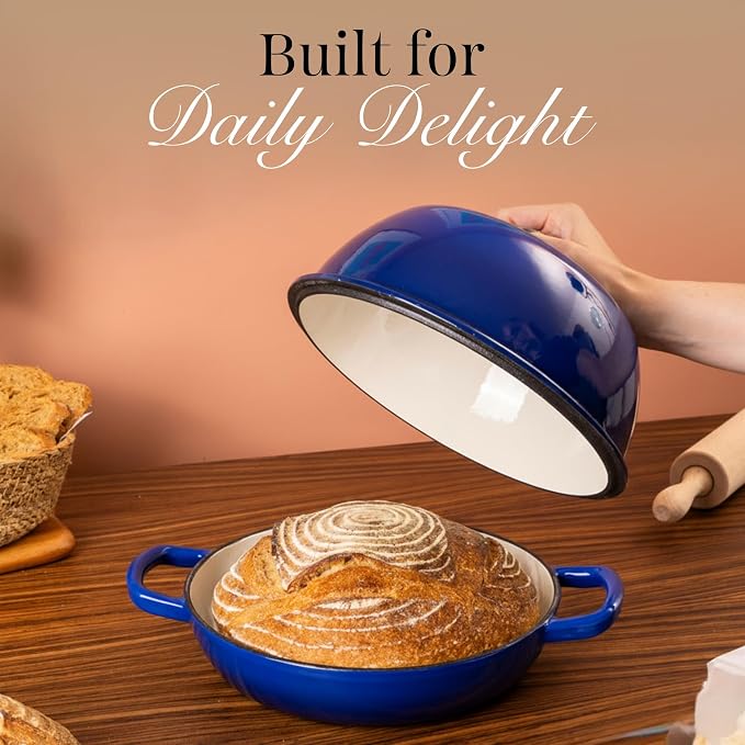 Enamelled Cast Iron Dutch Oven Pot – Dutch Oven For Sourdough Bread Baking – Cast Iron Bread Pot – Dark Blue, 6 Quarts, 26cm – by Nuovva