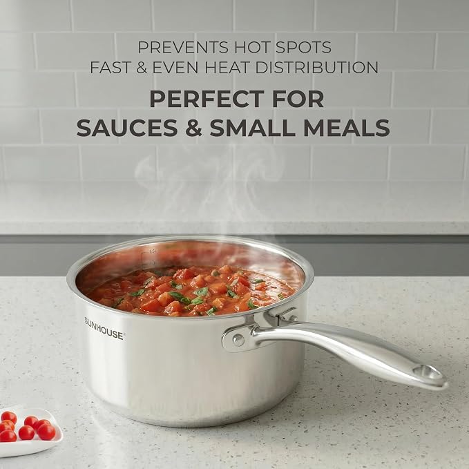 SUNHOUSE 2 QT Sauce Pan with Lid, Full Clad 3-Ply Stainless Steel Saucepan | Small Cooking Pot & Milk Pan - Induction Compatible - PFOA Free, Oven & Dishwasher Safe, Stay-Cool Handle