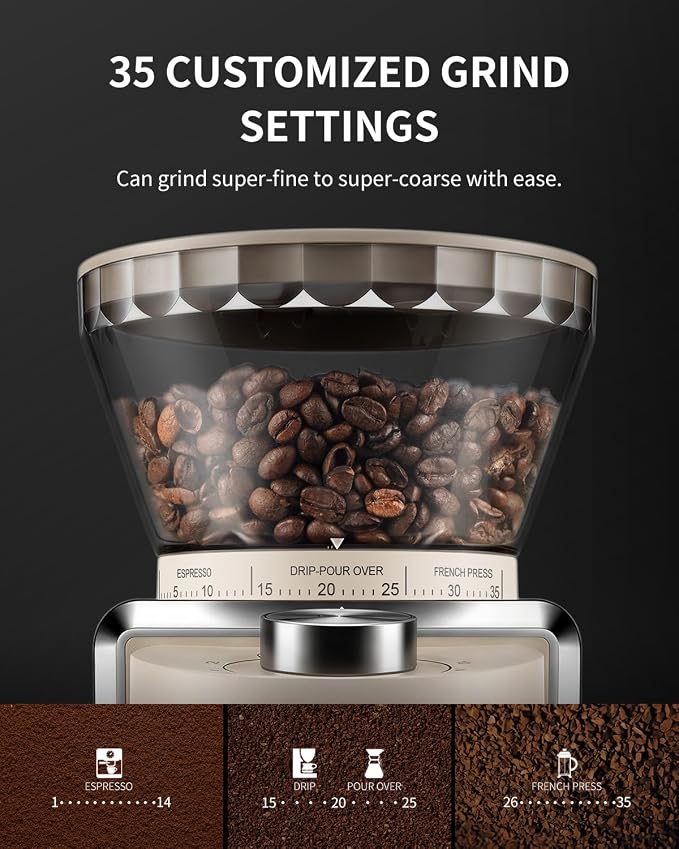 KIDISLE Conical Burr Coffee Grinder 2.0, Electric Coffee Bean Grinder for Precise Grinding, 35 Settings, 2–12 Cup Selector, Anti-Static Design for Home Use, Beige