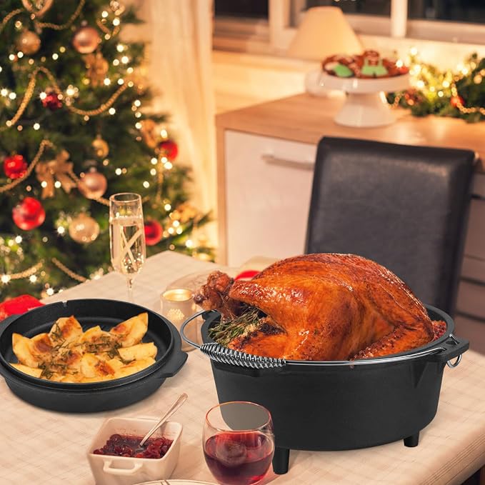 Leonyo 5QT Camping Dutch Oven with Lid Lifter, Pre-Seasoned & Cast Iron | 2-IN-1 Cast Iron Camping Dutch Oven, Heat Conduction & Good Sealing & Heavy Duty