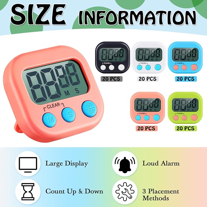 Xuhal 100 Pieces Digital Kitchen Timer Bulk, Small Magnetic Timers for Classroom, Digits Stopwatch Clock Timer for Cooking Baking Sports Games Office, Not Including Battery (Multicolor)