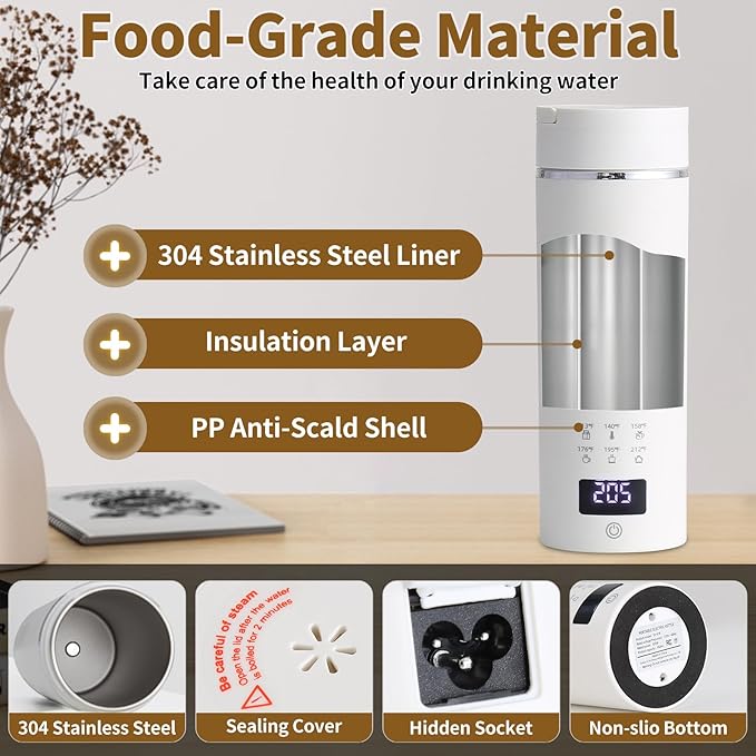 Compact Portable Electric Kettle, LCD Display with 6 Temperature Settings, 304 Stainless Steel, 450ml/15.2oz, Auto Shut-Off and Boil-Dry Protection, Travel Electric Kettle Teapot, White