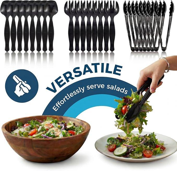 36 Pcs Disposable Plastic Serving Utensils Set, 9 Inch Black | Tongs, Forks & Spoons For Buffet, Catering, Restaurants, BBQs, Picnics, Weddings And Party Food Stations