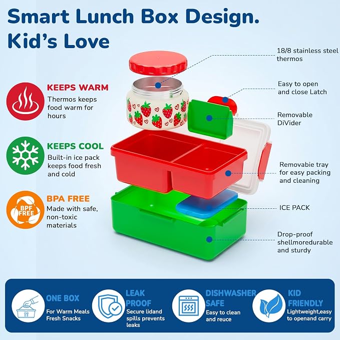 Bento Lunch Box for Kids–Strawberry Console Design with 12oz Insulated Stainless Steel Soup Jar and Built-in Ice Pack, 3-Compartment Leak-Proof Kids Bento Box for Boys Girls School Travel