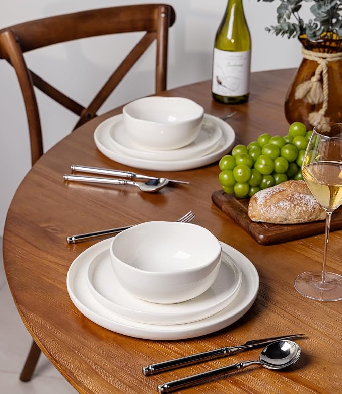 Ceramic Dinnerware Set for 4, 12-Piece Plates and Bowls Set | Handmade Reactive Glaze Dish Set, Scratch Resistant, Oven & Microwave & Dishwasher Safe, White Speckled