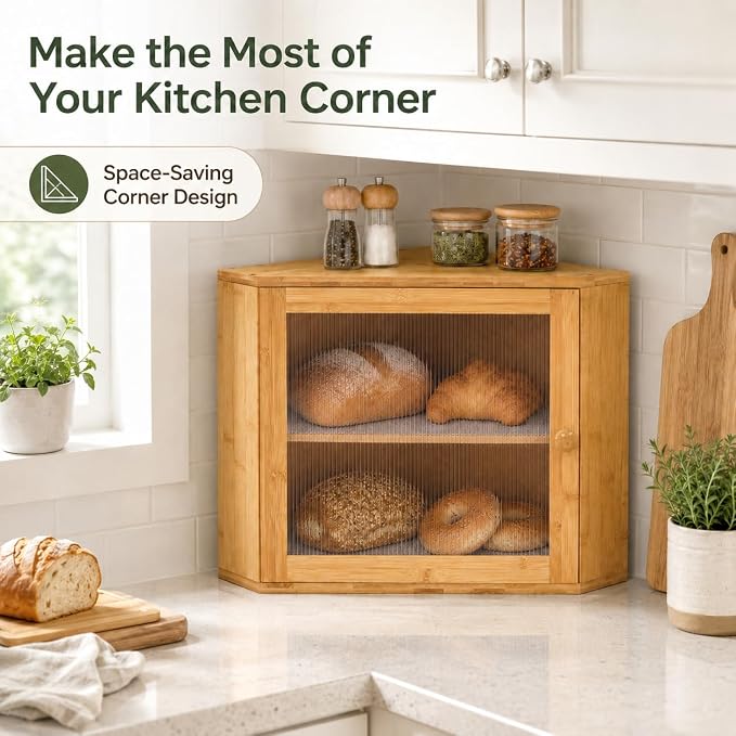 BAMBANG Corner Bread Box for Kitchen Countertop, Large Capacity Bamboo Wood Bread Storage Container, 2 Tier Farmhouse Breadbox with Fluted Acrylic Door for Bread, Homemade Bread and Snacks, Natural