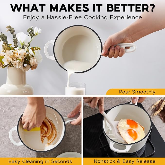 Onader Enameled Cast Iron Saucepan, 3 QT Sauce Pan with Lid, Cast Iron Small Sauce Pot for Cooking, Enamel Dutch Oven Nonstick, Induction Compatible, Heavy Duty – White