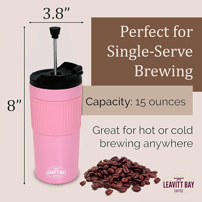 Pink Portable French Press Travel Mug & Coffee Maker | Leak-resistant lid Double-wall vacuum insulation ideal for camping & travel