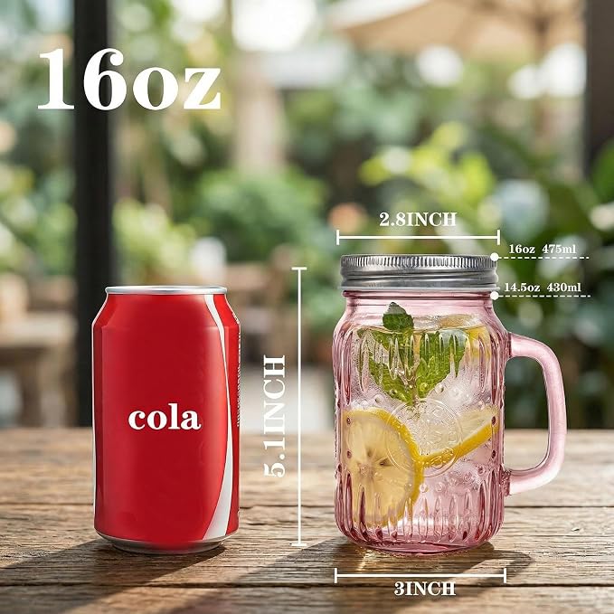 DaYammi 16 oz Mason Jars with Lids and Straws, 6 Pack Pink Vintage Drinking Glasses, Leak Proof Iced Coffee Cups for Daily Use & Party