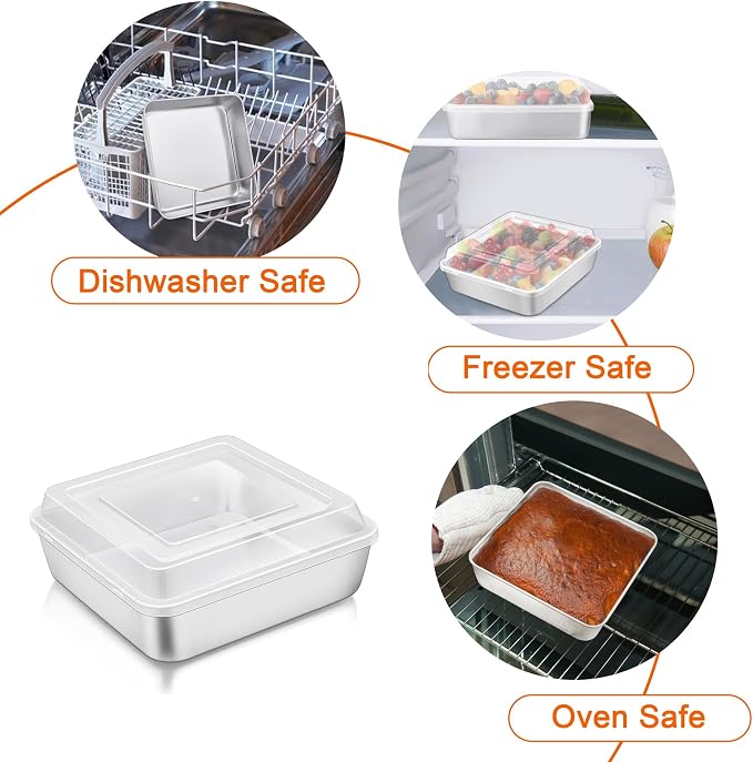 TeamFar 6 x 6 Baking Pan, Square Cake Pan with Lid - 1 Pan + 1 Lid | Stainless Steel for Baking Cooking Brownie Lasagna, Portable for Home Outdoor Camping, Non-Toxic & Dishwasher Safe