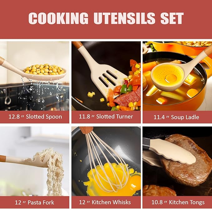 Cooking Utensils Set,18-Piece Kitchen Utensils and Knife Set,Khiki | Food-grade Silicone Utensils Heat-resistant to 410°F,5-Piece Stainless Steel Kitchen Knife with Sharpener and Cutting Board