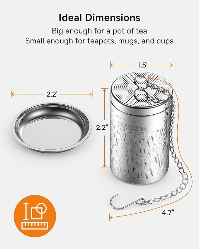 House Again 2 Pack Tea Strainers for Loose Tea, Extra Fine Mesh Tea Infuser, Updated Slim Threaded Lid & 304 Stainless Steel, Tea Ball Filter Bags Diffusers, Loose Leaf Tea Steeper for Brew Spices