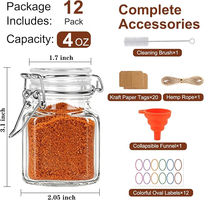 HINGWAH 12 Pack 4 oz Glass Spice Jars with Airtight Lids, Small Glass Herb Jars with Wire Clamp Lids for Seasoning Storage, Spices, Herbs, Gifts Includes Labels, Funnel, Twine, Tags & Brush