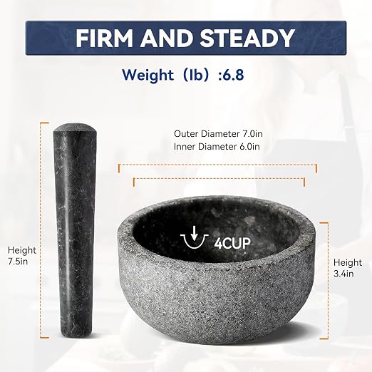 Granite Mortar and Pestle Set, 7"-4 Cups Unpolished Stone Grinder Bowl for Guacamole, Salsa, Pill Crusher, Spice, Herb, Garlic, Nut, Heavy Duty Grinder for Kitchen(Angola Silver Black)