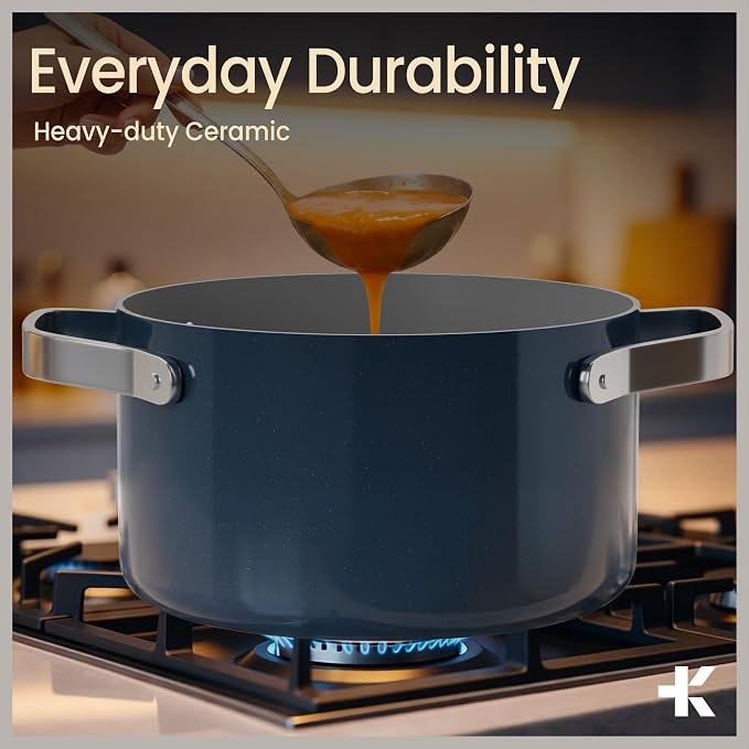 Bakken 16 Quart Ceramic Coated Stock Pot with Lid, Easy Clean Nonstick Pot, Tempered Glass Lid, Riveted Stainless Steel Handles, Oven Safe Up To 500°F, PTFE & PFAS Free, All Stove Compatible, Blue