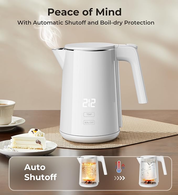 Electric Kettle with Digital Display & Temperature Control, 1.0L 120V White | Stainless Steel Water Boiler, 1200W Fast Boiling, 4H Keep Warm, BPA-Free Auto Shut-Off, Tea Coffee Kettle for Home Office