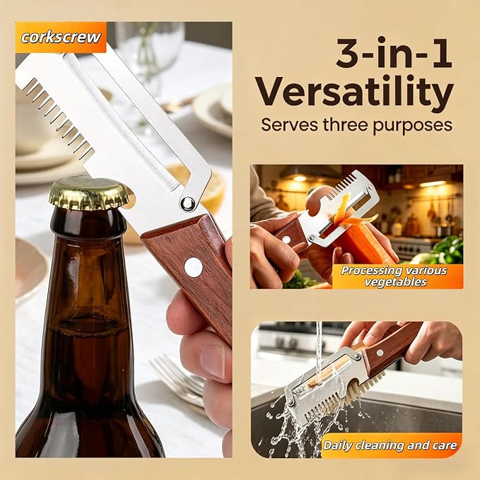 NEW Premium Vegetable Peeler with Wooden Handle and Bottle Opener: 2-in-1 Stainless Steel Kitchen Tool for Fruit Apple Potato Pumpkin Papaya (1Pack)