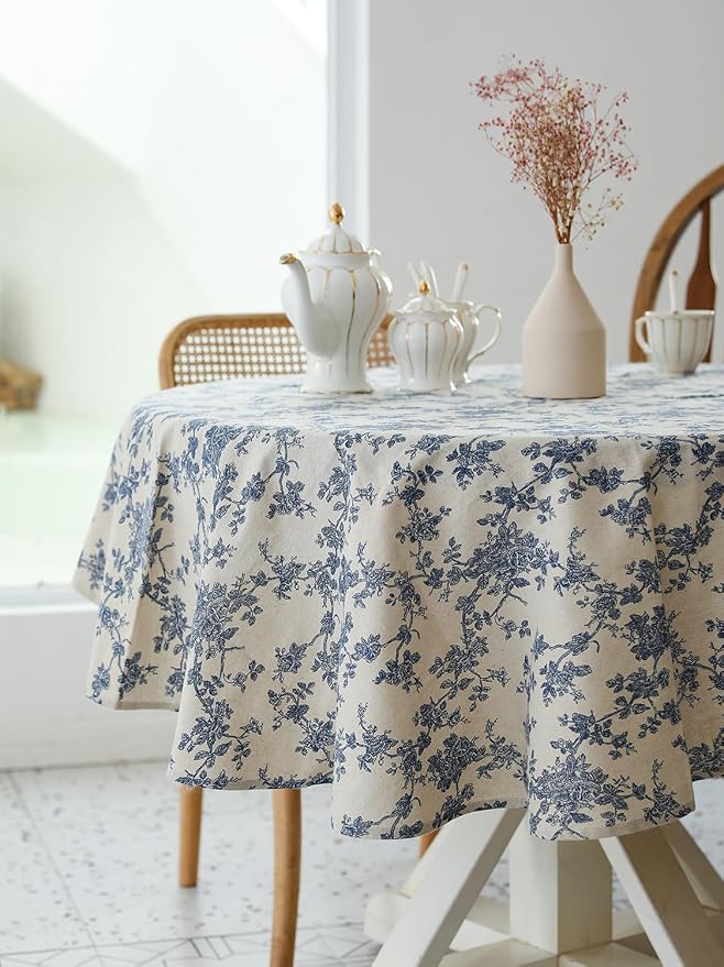 Pastoral Round Tablecloth - 48 Inch Dia. Table Cloth - Washable Table Cover with Dust-Proof Wrinkle Resistant for Restaurant, Picnic, Indoor and Outdoor Dining, Floral (Dark Blue)