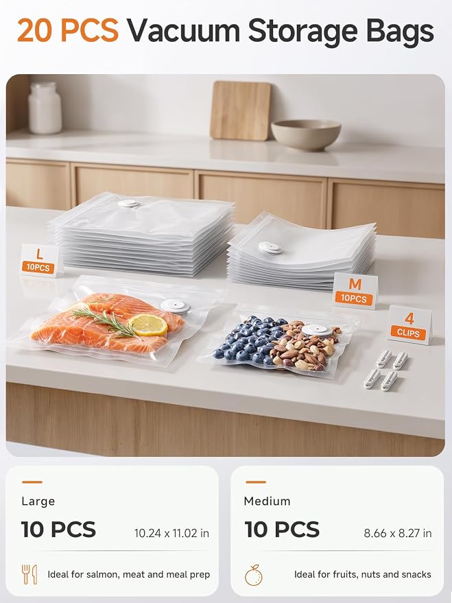 FEPPO Reusable Vacuum Sealer Bags for Food, 20 PCS (10 Medium 8.3"×8.7" + 10 Large 10.2"×11") BPA-Free Food Storage Bags with Air Valve, Leak-Proof & Odor-Resistant for Freshness Preservation
