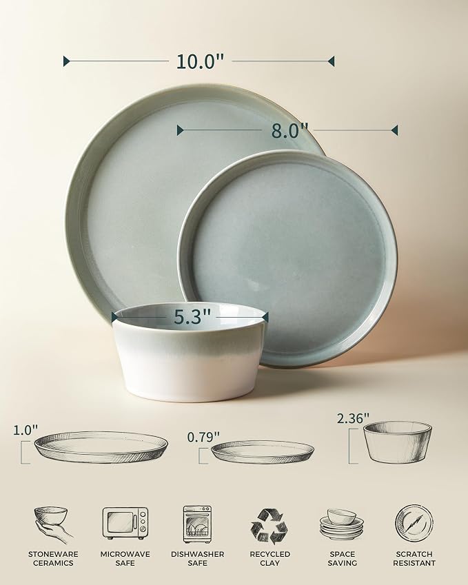 Dinnerware Sets for 6, Ceramic Plates and Bowls Set, Modern Artisan Dish Set, Microwave & Dishwasher Safe Dishware Set, Chip & Scratch Resistant Dinner Sets, Gradient Green