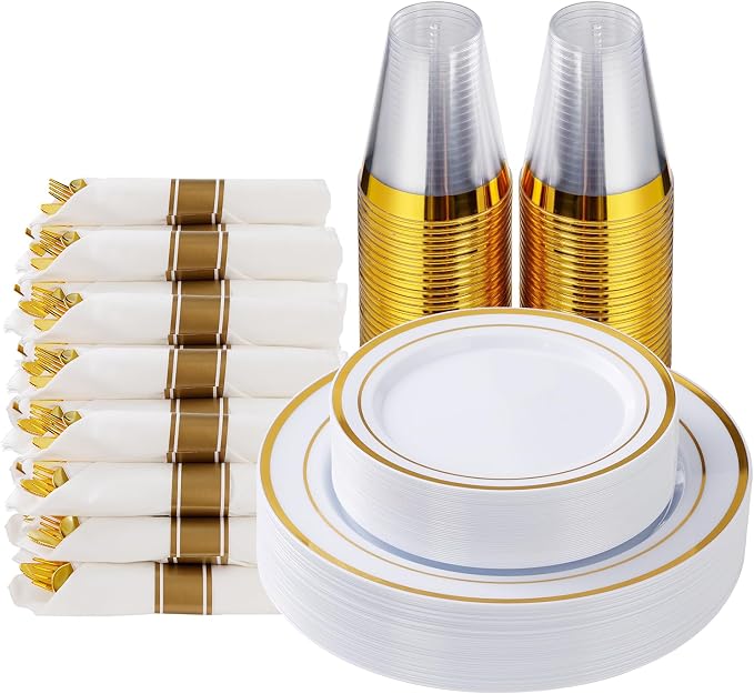 175 Piece Gold Plastic Dinnerware Set for 25 Guests | Disposable Dinnerware Includes: 25 Dinner Plates, 25 Dessert Plates, 25 Pre Rolled Napkins with Gold Silverware, 25 Cups
