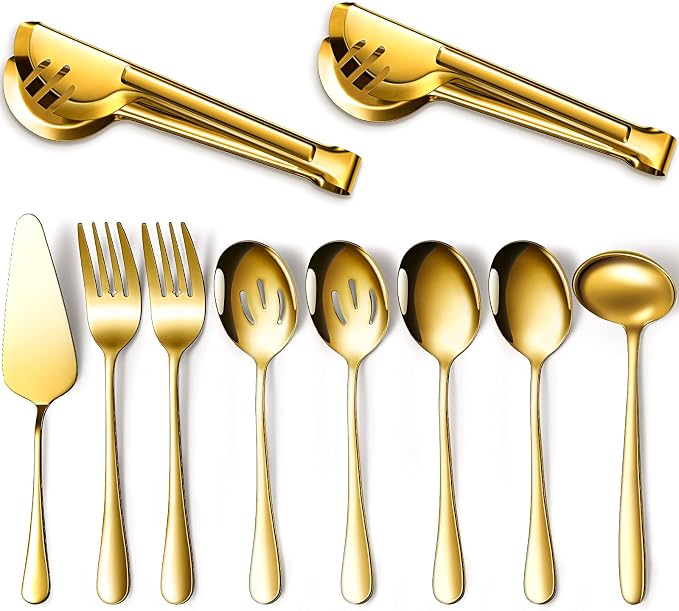 Patelai Serving Utensils Set Include Stainless Steel Large Spoons Slotted Spoons Forks Tongs Soup Ladle and Pie Server for Parties Buffet Catering, Dishwasher Safe(Gold,10 Pieces)