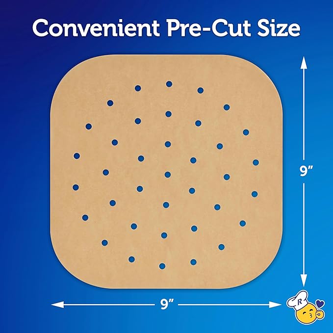 Reynolds Kitchens Air Fryer Liners Disposable, Unbleached Parchment Paper Sheets, 50 Count | Pre-Cut Disposable Parchment Paper Sheets, Fits Round and Square Air Fryers, Safe Up To 400F, Perforated For Better Airflow