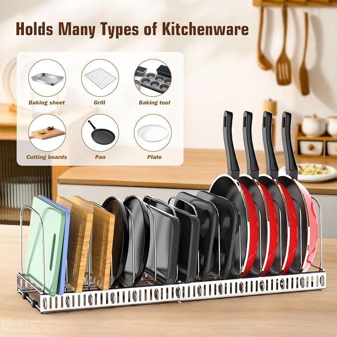 Housolution Cutting Board and Baking Tray Cookie Sheet Organizer, Silver | 12"-23" Expandable, 14 Adjustable Dividers, Sturdy Metal Construction, Easy Assembly