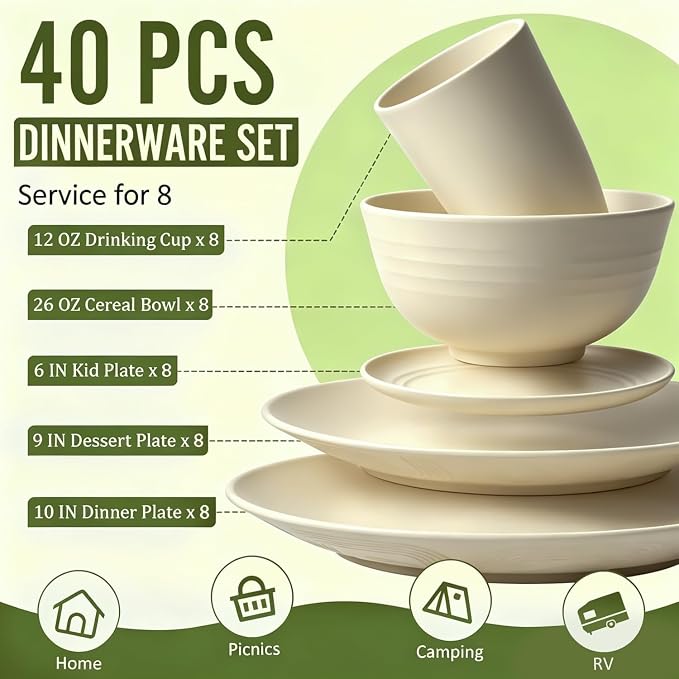 Dinnerware Sets 40 PCS Wheat Straw Plates and Bowls Sets With Cups Service for 8 Microwave Safe Dishes for Kitchen Lightweight Dish Set for RV Outdoor Activities Travel - Beige Colors