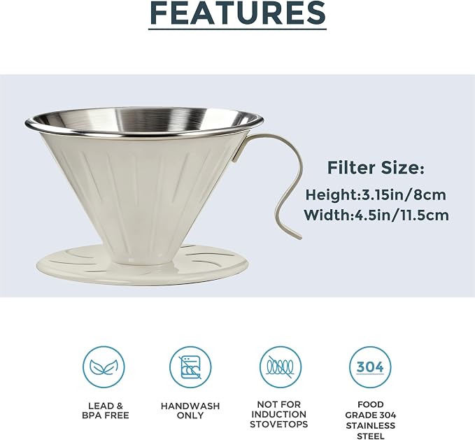 AGOGO Stainless Steel V60 Coffee Dripper & 50 Paper Filters, Cream | Unbreakable carafe for kitchen RV camp and office, includes barista towel, lead-free food grade 304 stainless steel