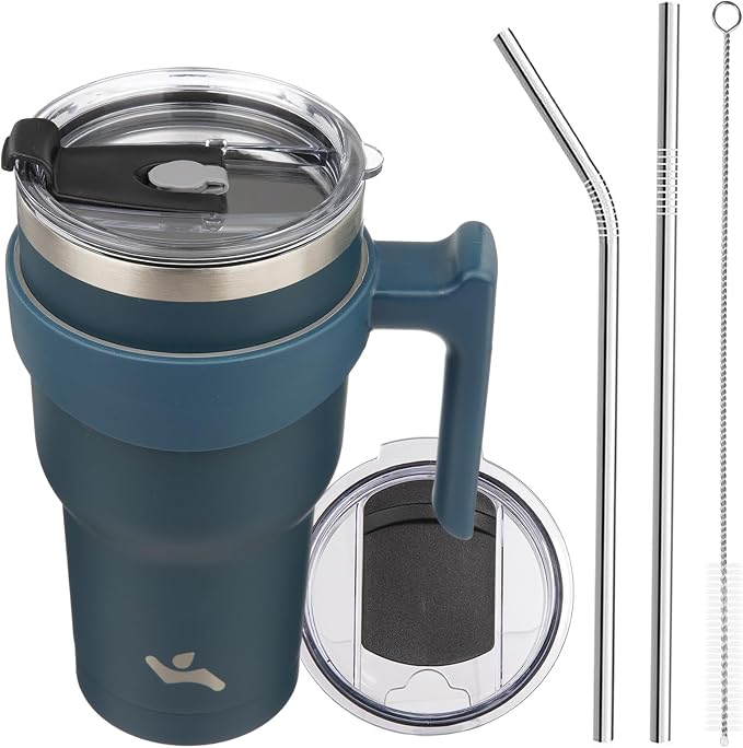 Konokyo 30 oz Tumbler with Handle and Straw, Insulated Travel Mug | Navy Blue; BPA-free, leak-proof tumbler with 2 lids, 2 straws, cup holder fit for coffee, office, travel & daily use