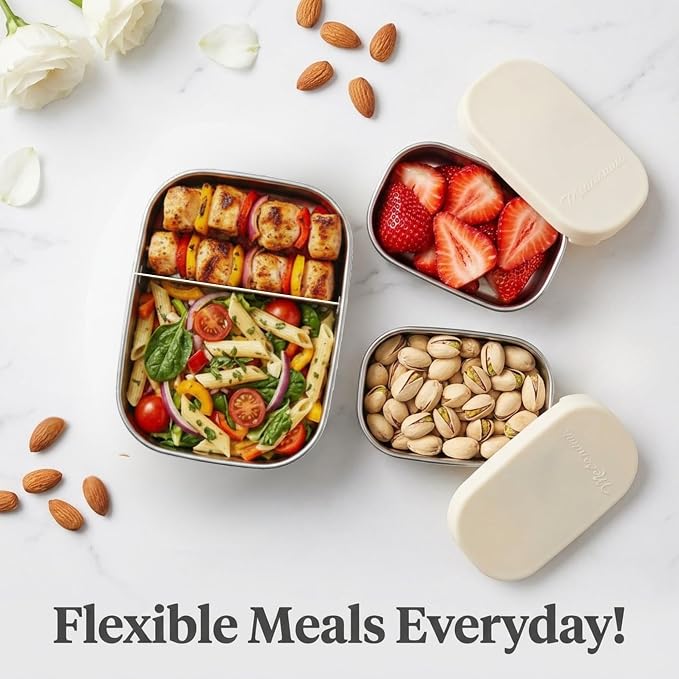 Stainless Steel Lunch Box Containers, 27 OZ + 9 OZ Set, Stainless Steel Bento Box, Metal Lunch Box, Sandwich & Snack Containers, Leak Proof SIlicone Lids,Small Vanilla - 1 * 27OZ + 2 * 9 OZ