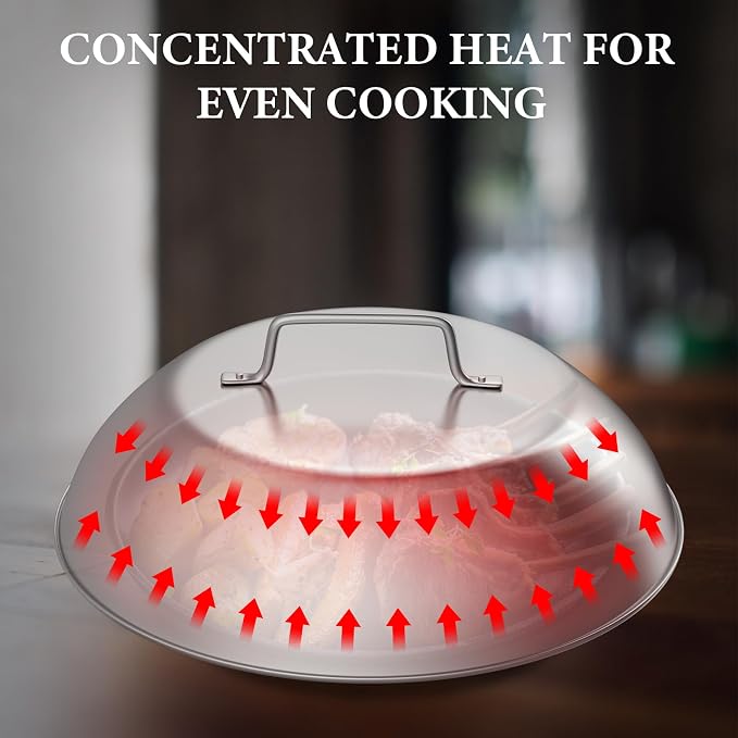 304SS Melting Dome 12" with Wire Rack - Griddle Cover for Flat Top Grills | Fits Blackstone, Camp Chef, Nexgrill. 3-piece set: 1 dome+2 wire rack. Melts cheese fast, steams veggies. Heat-proof handle.