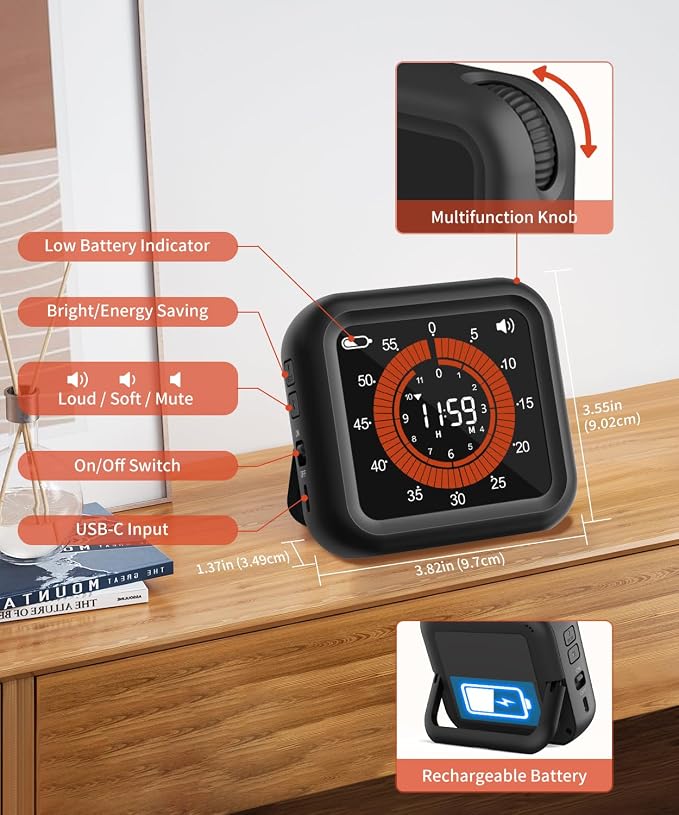 Digital Magnetic Visual Kitchen Timer, Up to 11H 59M Countdown & Count Up | USB-C Rechargeable, Large VA Display, Adjustable Volume and Brightness, Memory Recall Function for Kitchen, Classroom, Study