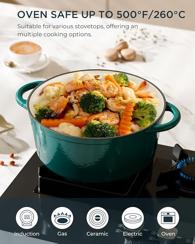 Enameled Cast Iron Dutch Oven - 7.5QT Pot with Lid & Cotton Potholders - Heavy-Duty Cookware for Braising, Stews, Roasting, Bread Baking, Oven Safe up to 500°F & Across All Stovetops, Bottle Green