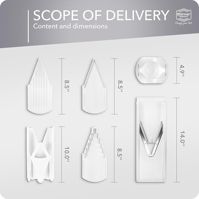 Börner Mandoline Slicer V3 (Starter Set) • V-Slicer for 5 Cutting Styles with Fruit Holder • Adjustable Vegetable Slicer for Vegetables & Fruits • Stainless Steel V-Blade • Color: White