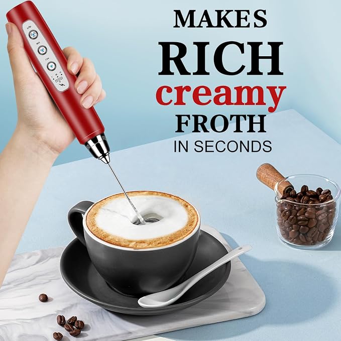 Milk Frother Wand Rechargeable Handheld Whisk Coffee 3 Speed Adjustable | Electric Whisk Drink Mixer with Stainless 3 Whisks Hand Frother , Foam Maker for Latte Cappuccino Matcha Egg Silver