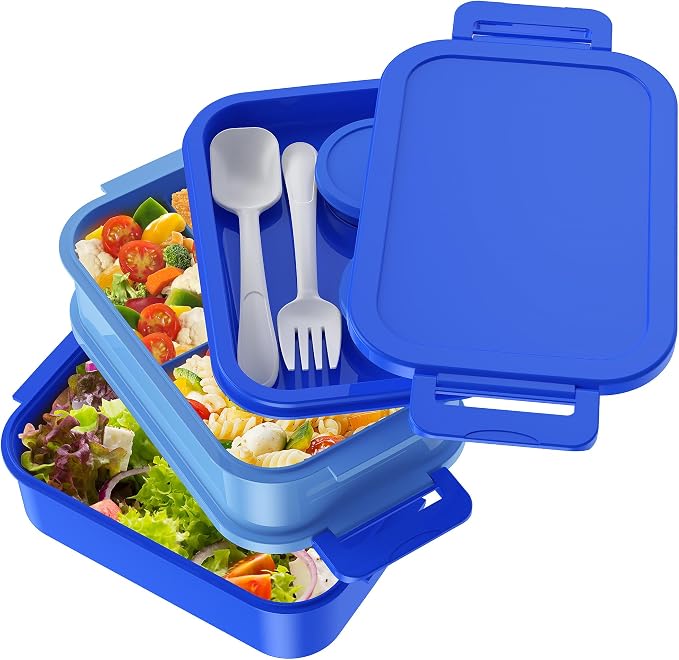 Adult Bento Lunch Box - 3 Layers Stackable Bento Lunch Box for Adults, 72oz Large All-in-One Bento Box Leak-Proof Lunch boxes with Utensil Sauce Containers, Ideal for Dining Out,Work, Blue