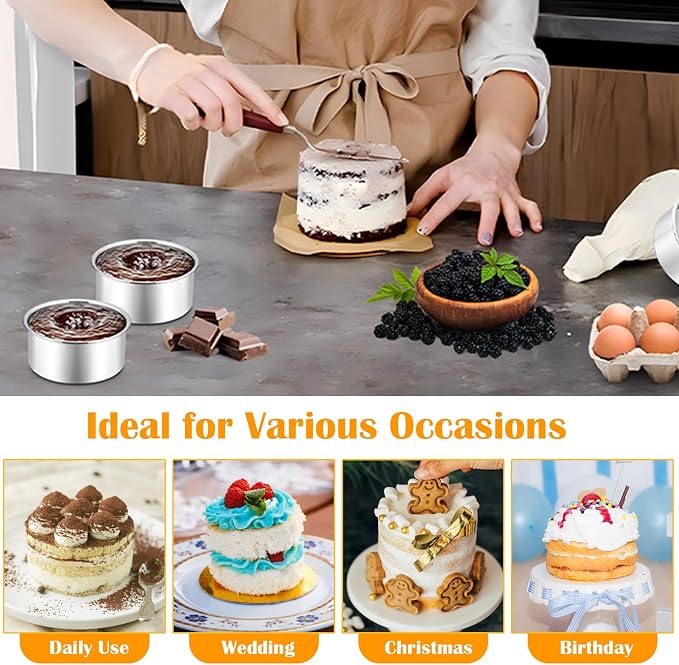 P&P CHEF 4 Inch Round Cake Pan Set of 3, Stainless Steel Baking Cake Pans | Round Baking Cake Pan Bakeware for Layer Birthday Cake, Fit Oven/Pots/Pressure Cooker, Leakproof & Dishwasher Safe, Silver