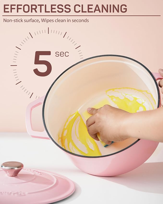 Enameled Cast Iron Dutch Oven – 4.4 Quart Pot with Lid & Potholders – Heavy-Duty Cookware for Bread Baking, Braising, Stews & Roasting – Oven & Stovetop Safe up to 500°F – Pink